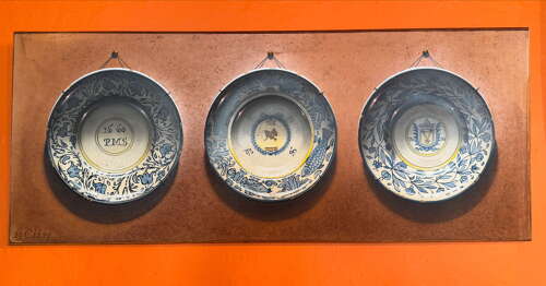 Frederick Clifford Harrison Trompe L'Oeil Painting of Delft Plates