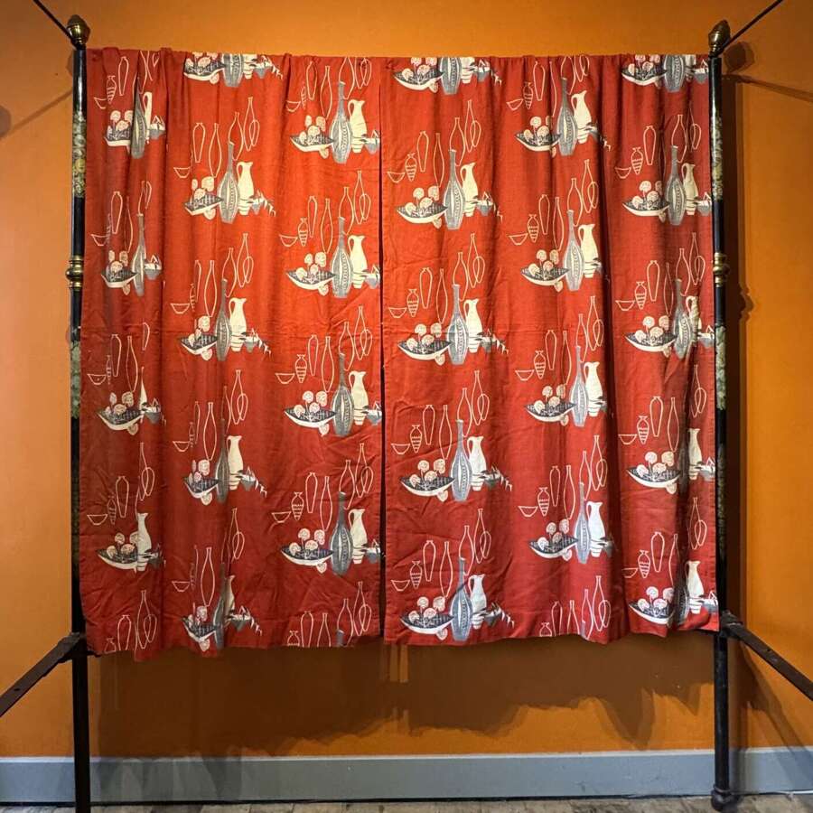 Pair of Vintage 1950s Red Barkcloth Curtains