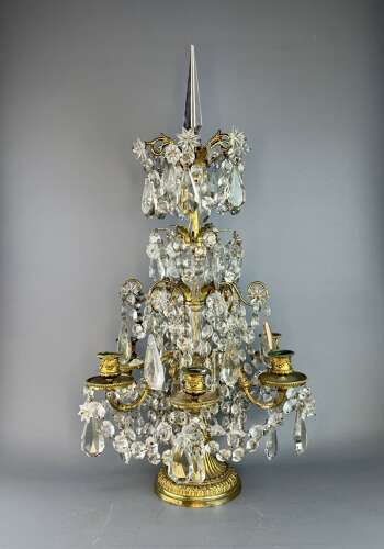 Antique French Gilt Brass Table Candelabra With Cut Glass Drops & Chains