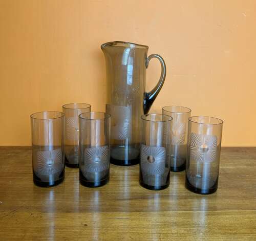 1970's Danish Sunburst-Cut Smoked Glass Water Set