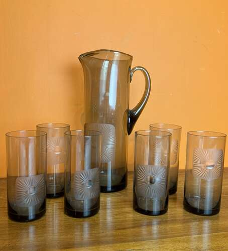 1970's Danish Sunburst-Cut Smoked Glass Water Set