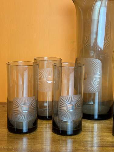 1970's Danish Sunburst-Cut Smoked Glass Water Set