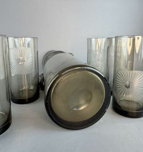 1970's Danish Sunburst-Cut Smoked Glass Water Set