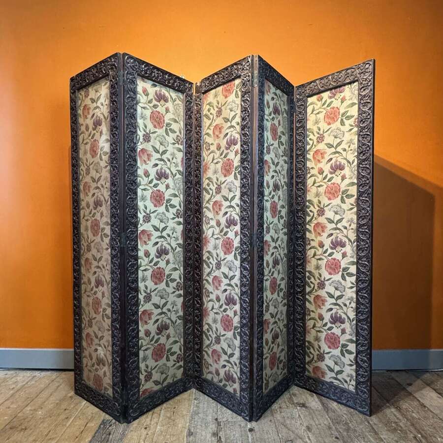 Antique Indian Carved Hardwood Five Fold Screen with Floral Panels