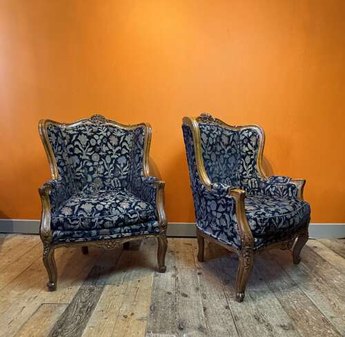 Pair of Antique French Louis XV Style Carved Walnut Armchairs