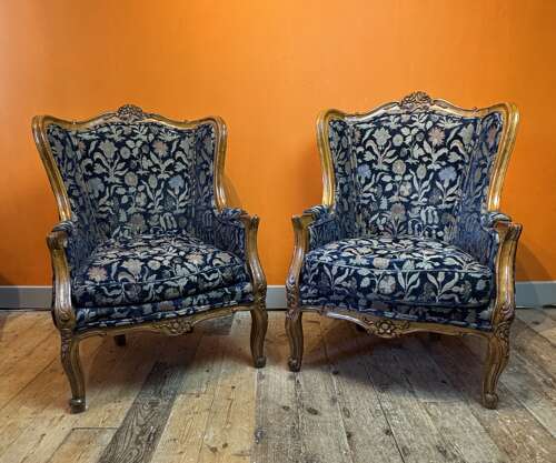 Pair of Antique French Louis XV Style Carved Walnut Armchairs