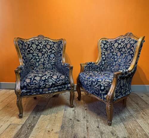 Pair of Antique French Louis XV Style Carved Walnut Armchairs