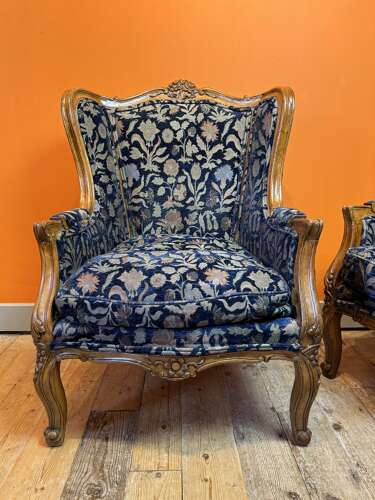 Pair of Antique French Louis XV Style Carved Walnut Armchairs