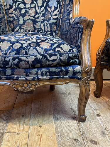 Pair of Antique French Louis XV Style Carved Walnut Armchairs