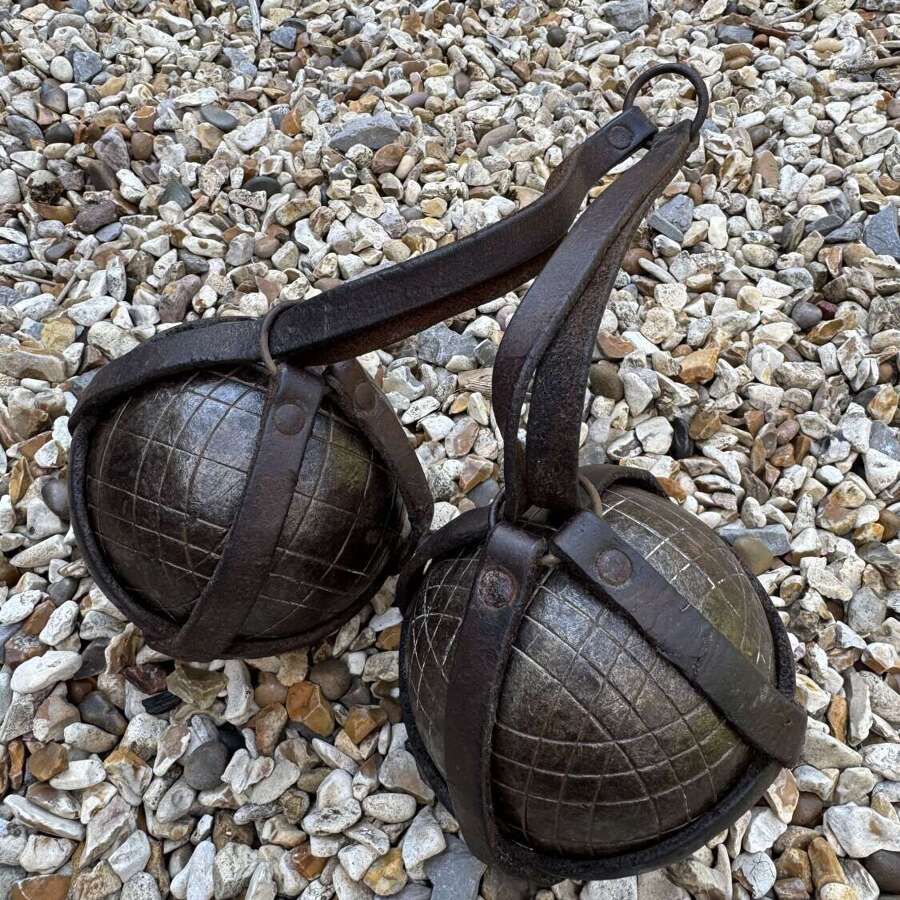 Pair of Antique P&eacute;tanque Boules in Original Leather Carrying Holder