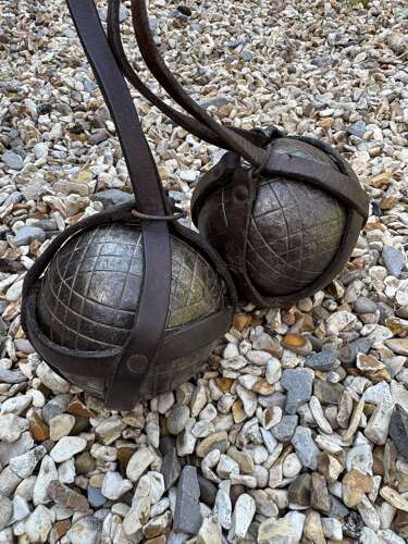 Pair of Antique Pétanque Boules in Original Leather Carrying Holder