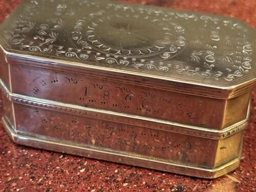 Antique Double Sided Brass Tobacco Box dated 1867