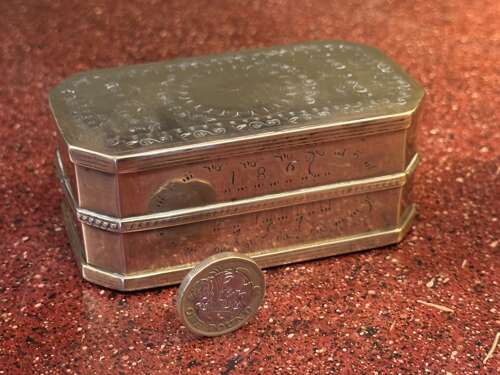 Antique Double Sided Brass Tobacco Box dated 1867