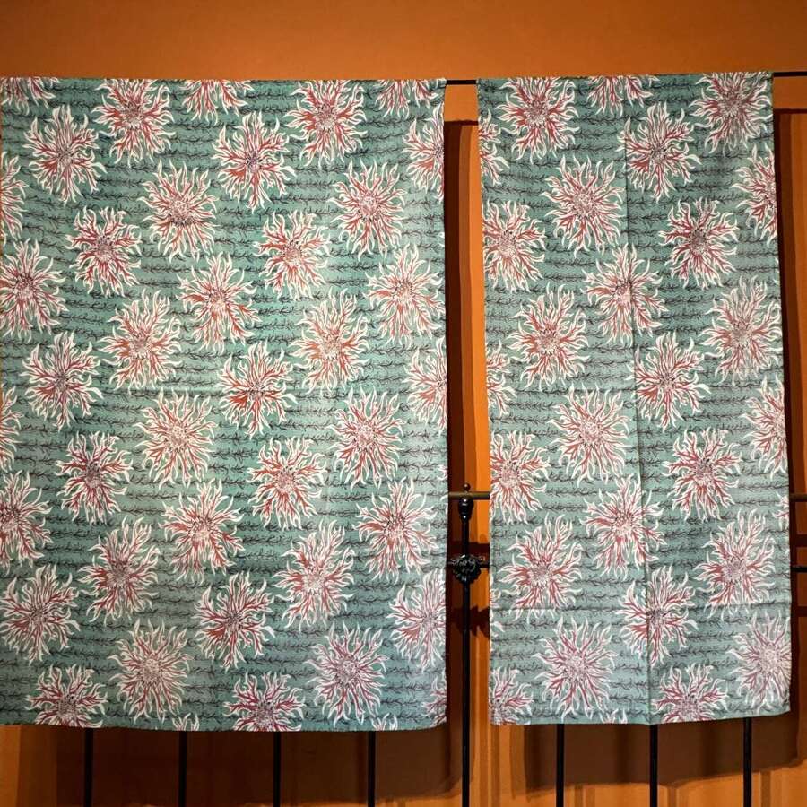 Vintage Turquoise Chrysanthemum Barkcloth Curtain Panels