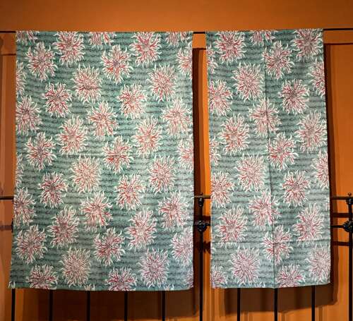 Vintage Turquoise Chrysanthemum Barkcloth Curtain Panels