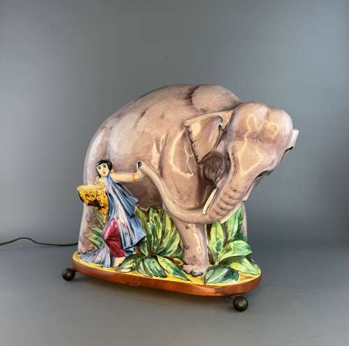 Rare French Art Deco Porcelain 'Elephant Tamer' Perfume Lamp, attributed to Argilor, Paris