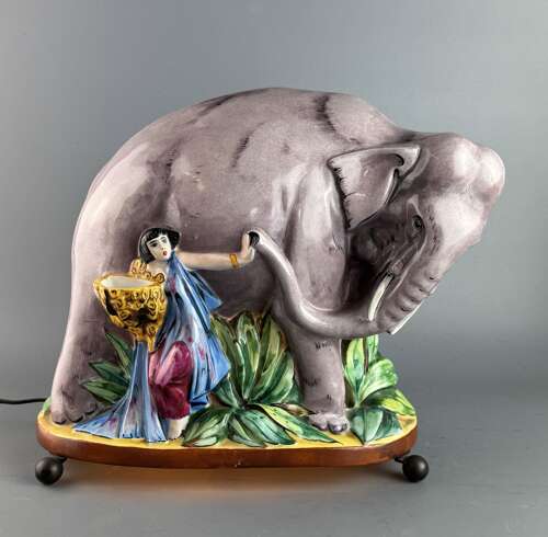 Rare French Art Deco Porcelain 'Elephant Tamer' Perfume Lamp, attributed to Argilor, Paris