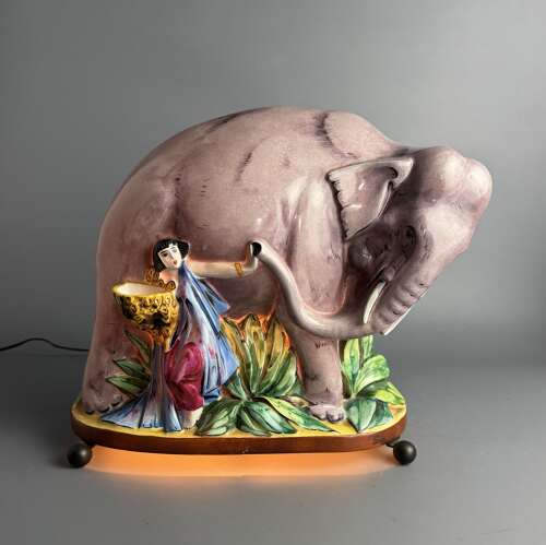 Rare French Art Deco Porcelain 'Elephant Tamer' Perfume Lamp, attributed to Argilor, Paris