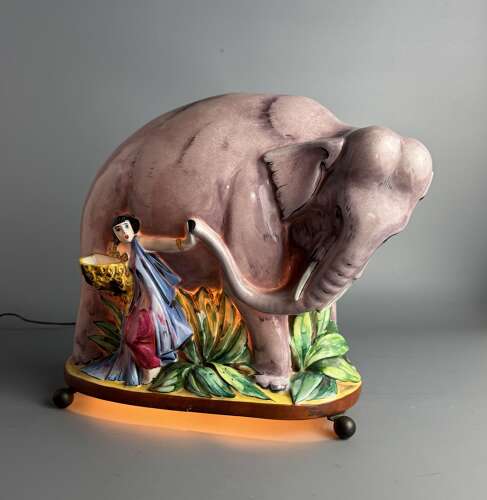 Rare French Art Deco Porcelain 'Elephant Tamer' Perfume Lamp, attributed to Argilor, Paris