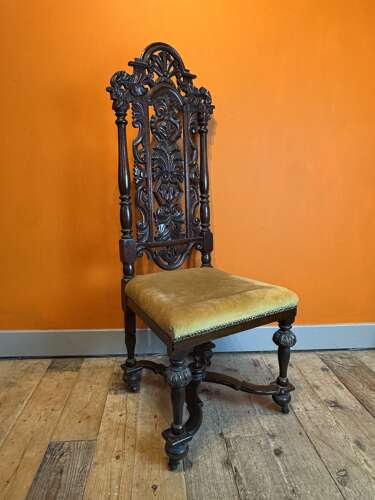 Victorian Carved Oak High-Back Side Chair in Carolian Style