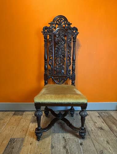 Victorian Carved Oak High-Back Side Chair in Carolian Style
