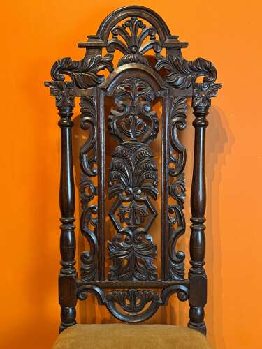 Victorian Carved Oak High-Back Side Chair in Carolian Style