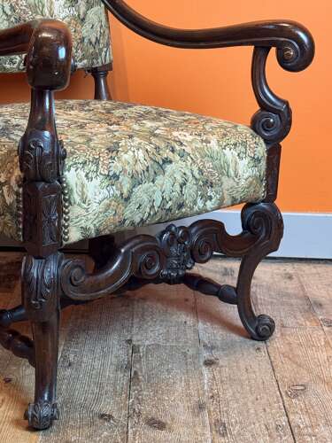 19th Century French Tapestry Upholstered Walnut Armchair in Louis XIII Style