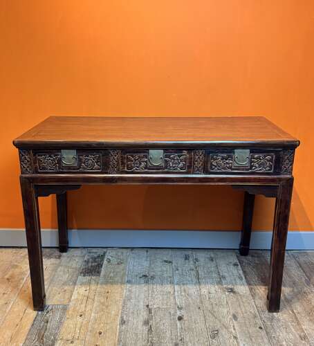 19th Century Chinese Side Table with Foliate Carved Drawers