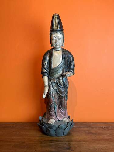 Large 19th Century Chinese Polychrome Painted Carved Wood Figure of Guanyin