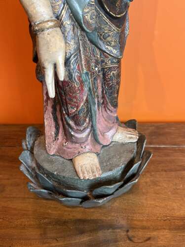 Large 19th Century Chinese Polychrome Painted Carved Wood Figure of Guanyin