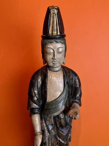 Large 19th Century Chinese Polychrome Painted Carved Wood Figure of Guanyin