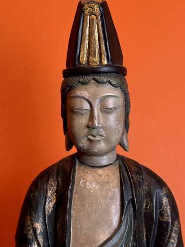 Large 19th Century Chinese Polychrome Painted Carved Wood Figure of Guanyin