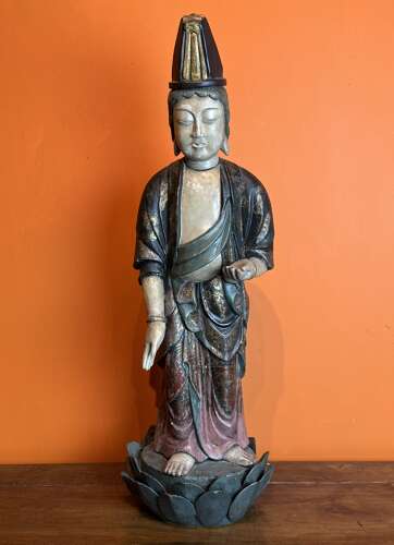 Large 19th Century Chinese Polychrome Painted Carved Wood Figure of Guanyin
