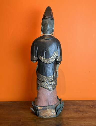 Large 19th Century Chinese Polychrome Painted Carved Wood Figure of Guanyin