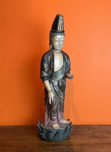 Large 19th Century Chinese Polychrome Painted Carved Wood Figure of Guanyin