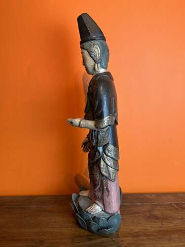 Large 19th Century Chinese Polychrome Painted Carved Wood Figure of Guanyin