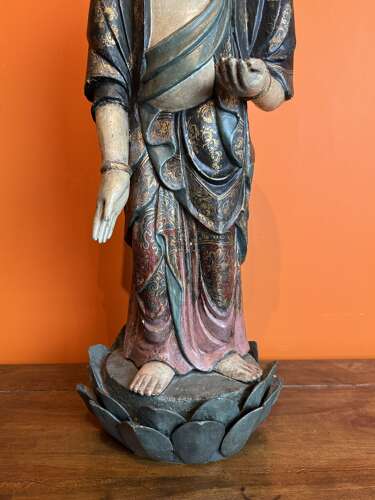 Large 19th Century Chinese Polychrome Painted Carved Wood Figure of Guanyin