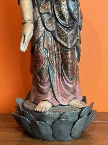 Large 19th Century Chinese Polychrome Painted Carved Wood Figure of Guanyin