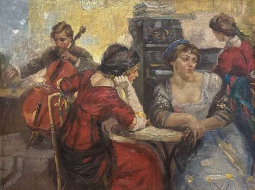 Manner of Ulisee Caputo, Oil on Canvas of a Belle Epoque Cafe Scene