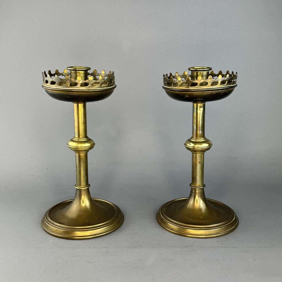 Pair of Victorian Brass Gothic Design Candlesticks