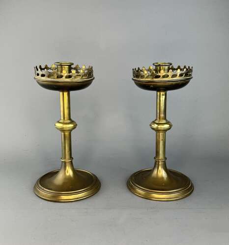 Pair of Victorian Brass Gothic Design Candlesticks
