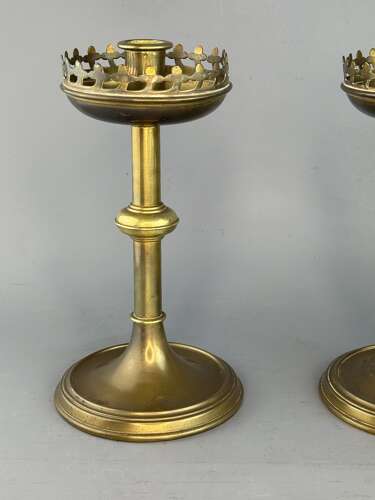 Pair of Victorian Brass Gothic Design Candlesticks