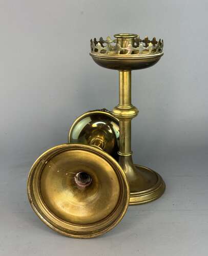 Pair of Victorian Brass Gothic Design Candlesticks