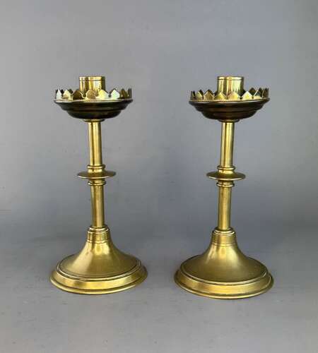 Pair of Victorian Gothic Design Brass Candlesticks