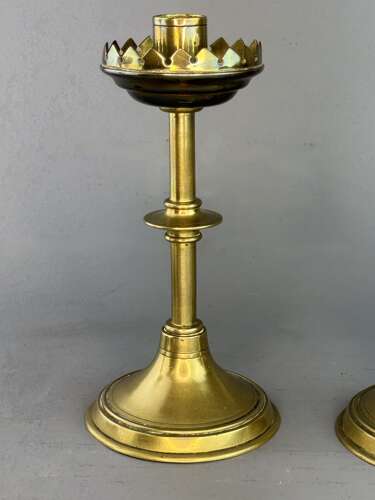 Pair of Victorian Gothic Design Brass Candlesticks