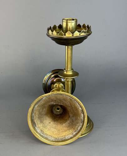Pair of Victorian Gothic Design Brass Candlesticks