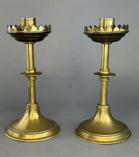 Pair of Victorian Gothic Design Brass Candlesticks