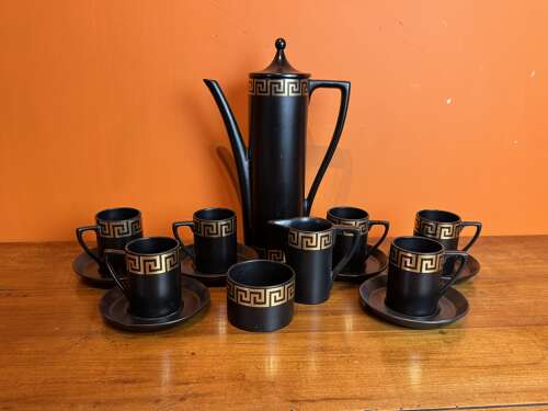 Portmeirion Black & Gold Greek Key Pattern Coffee Service