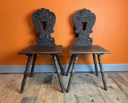 Pair of Antique Swiss Alpine Escabelle Chairs
