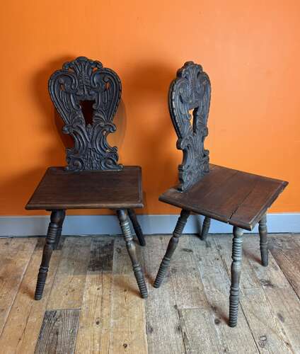 Pair of Antique Swiss Alpine Escabelle Chairs